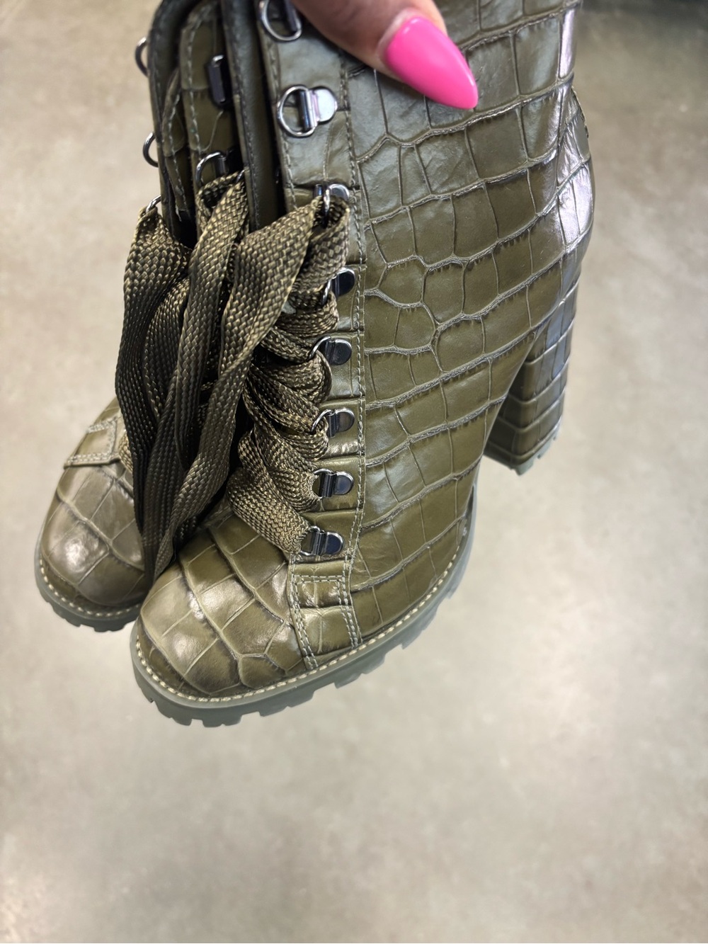 SCHUTZ Olive Croc-Embossed Lace-Up Block Heel Boots